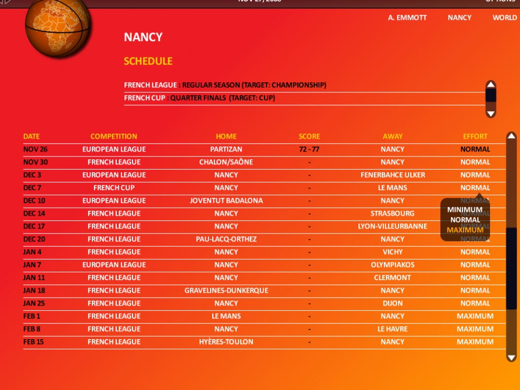 Max normal. World Basketball Manager 2. World Basketball Manager. World Basketball Manager manual. Schedule of France League.