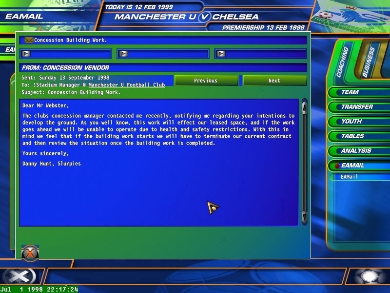 Скриншот из игры F.A. Premier League Football Manager 98 под номером 6