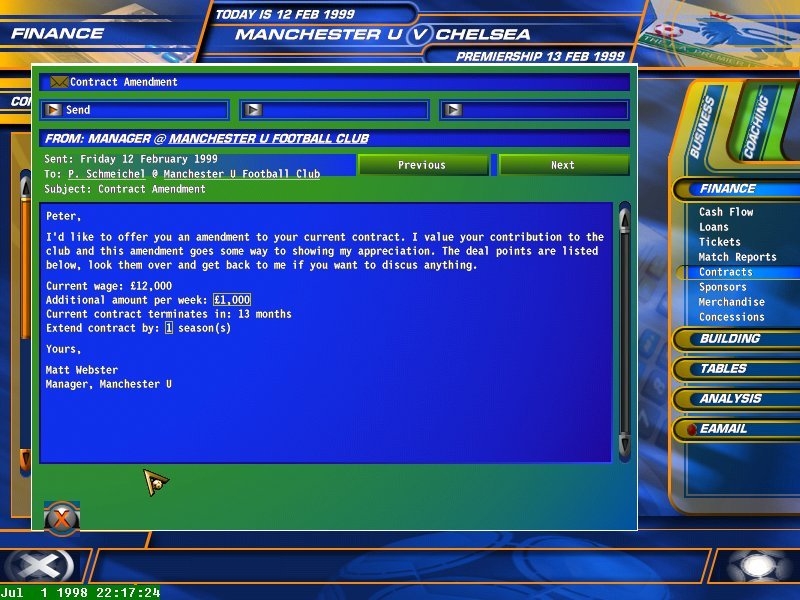 Скриншот из игры F.A. Premier League Football Manager 99 под номером 1