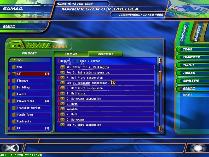 Скриншот из игры F.A. Premier League Football Manager 99 под номером 3