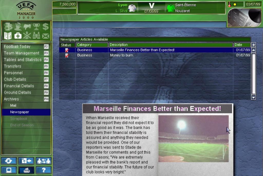 Скриншот из игры UEFA Manager 2000 под номером 21