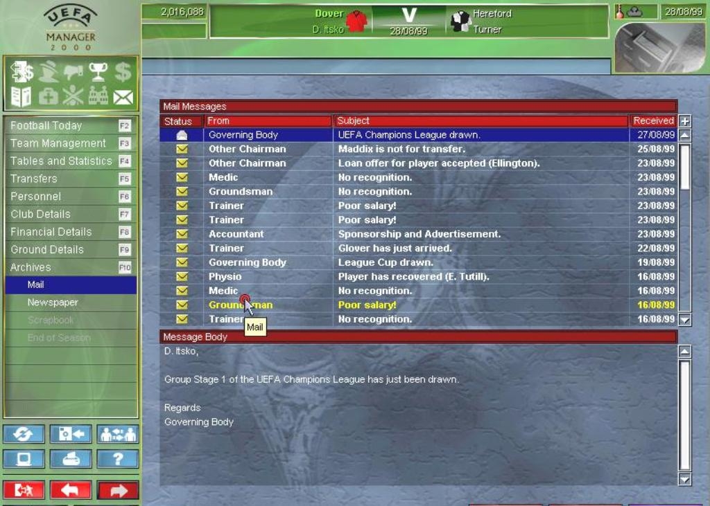 Скриншот из игры UEFA Manager 2000 под номером 6