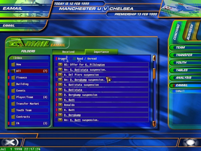 Скриншот из игры F.A. Premier League Football Manager 99