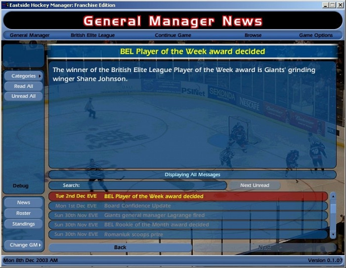 Скриншот из игры NHL Eastside Hockey Manager