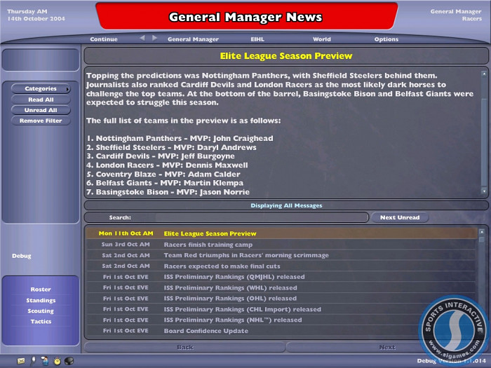 Скриншот из игры NHL Eastside Hockey Manager 2005