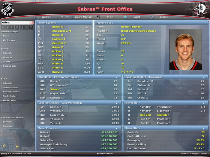 Скриншот из игры NHL Eastside Hockey Manager 2007
