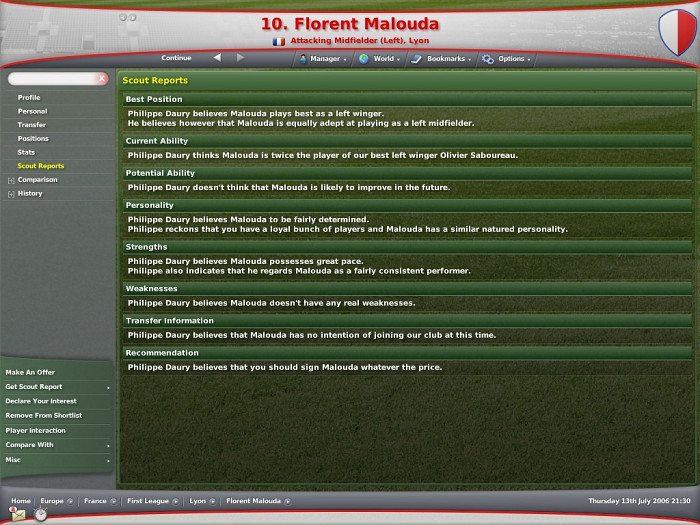 Скриншот из игры Football Manager 2007